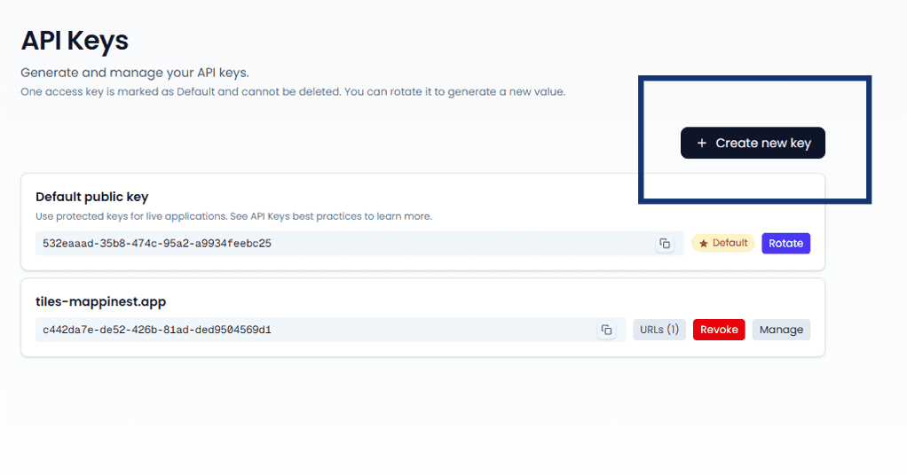Create key form in the console