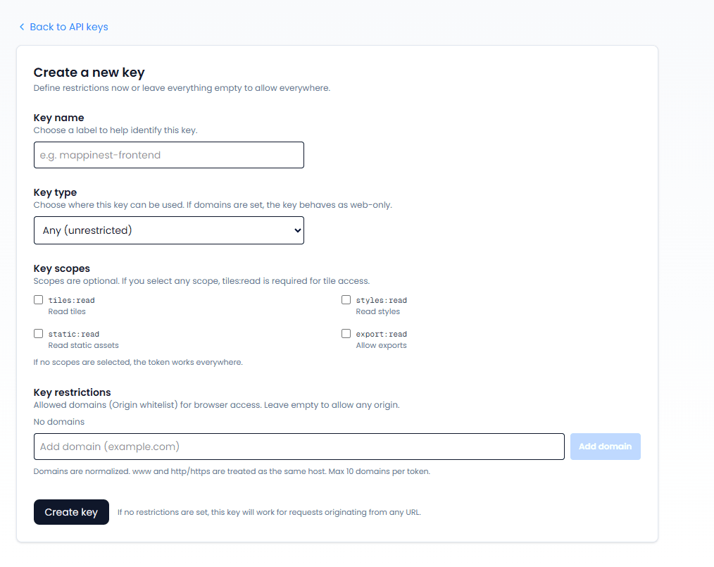 Edit API key policy form in the console