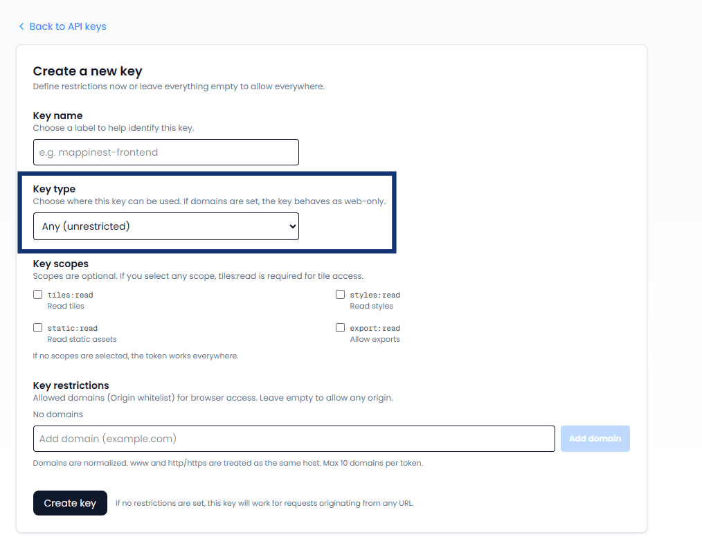 Edit API key policy form in the console
