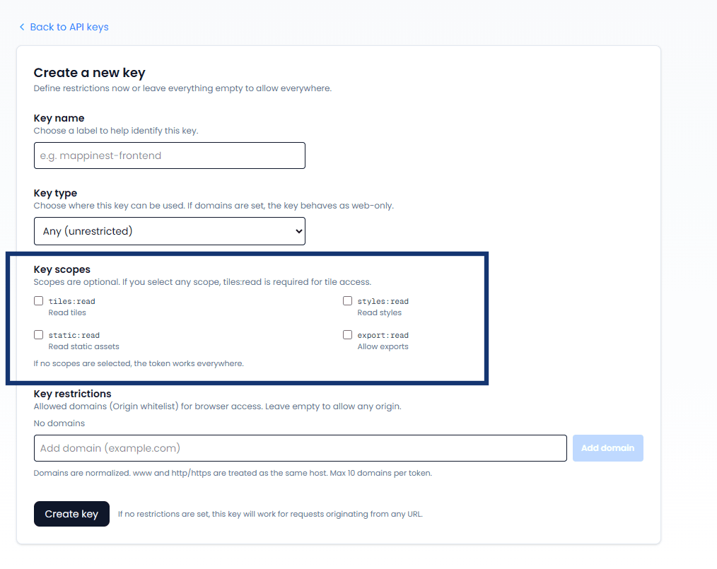 Edit API key policy form in the console