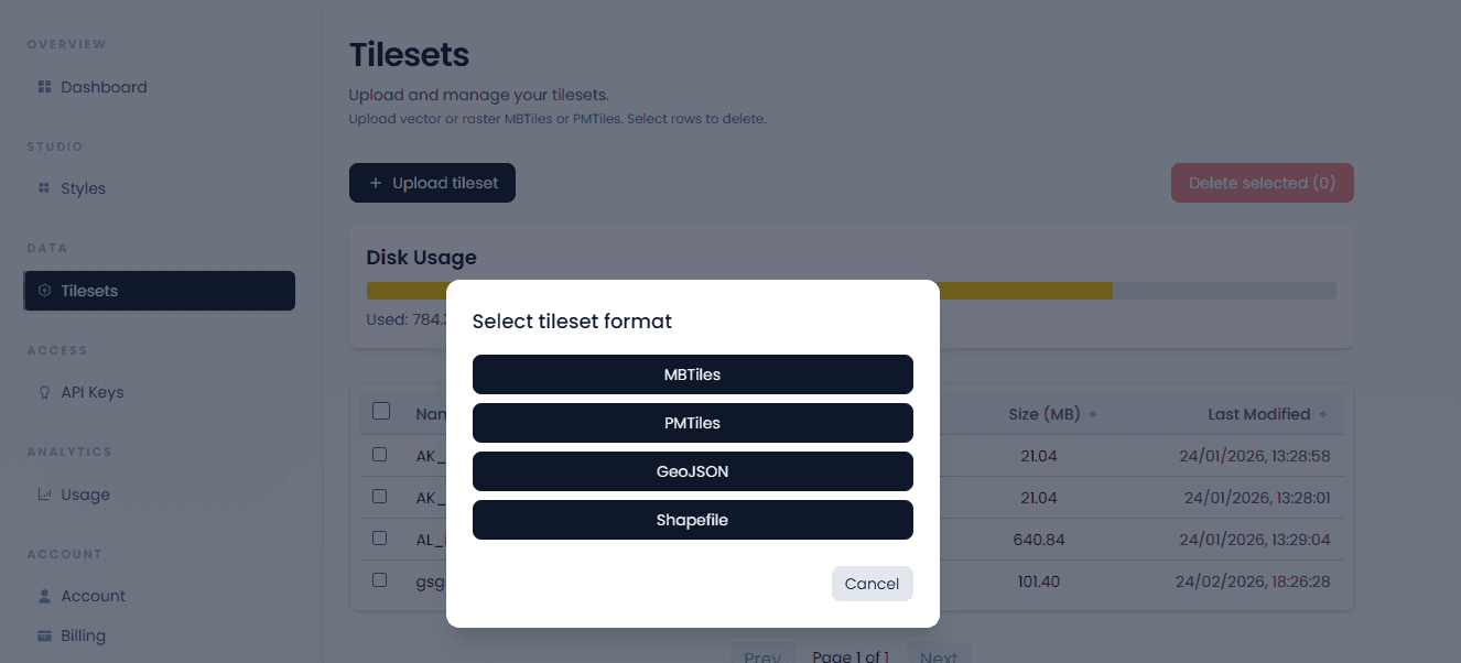Upload format picker in the console