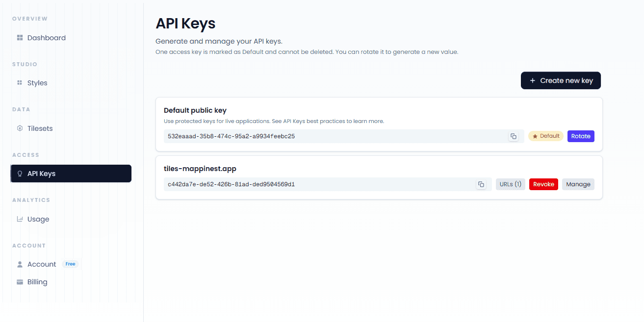 API keys list and actions in the console