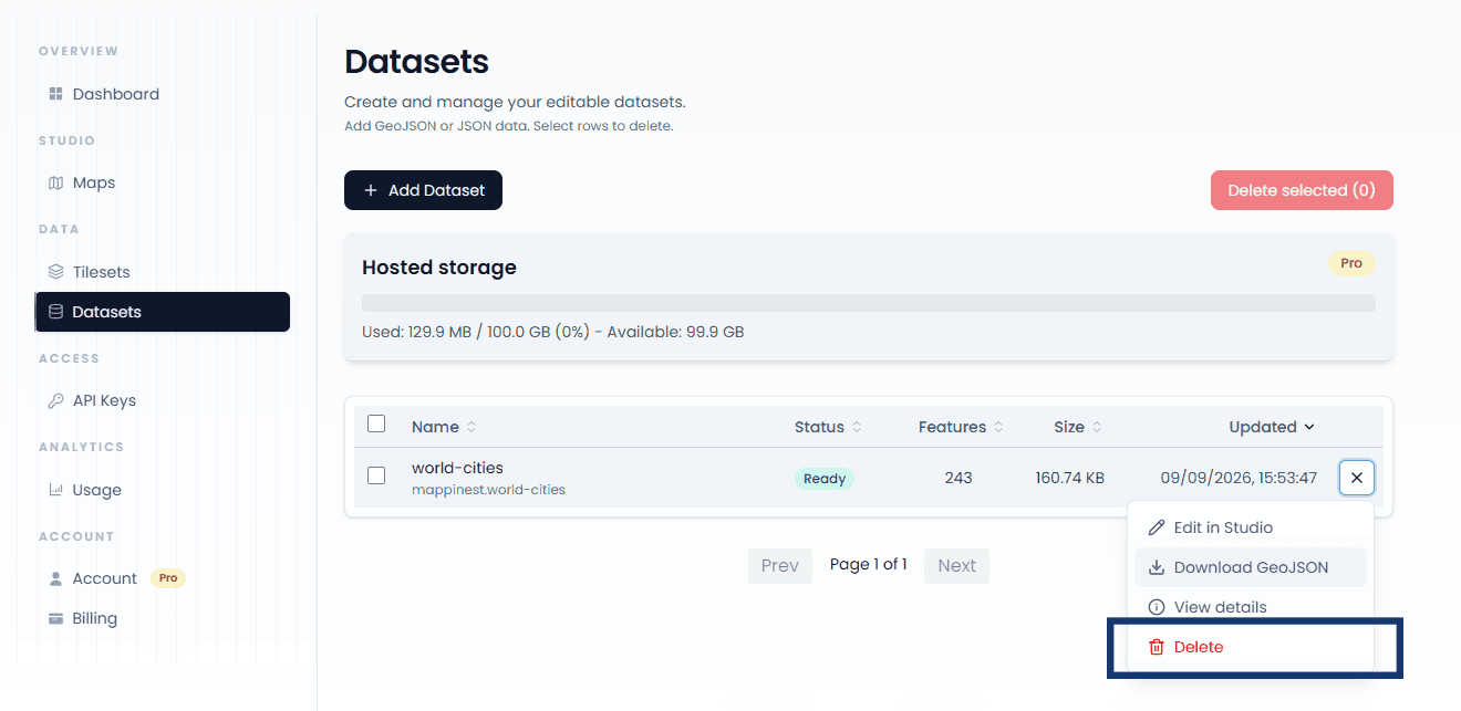 Dataset three-dot menu with Delete highlighted