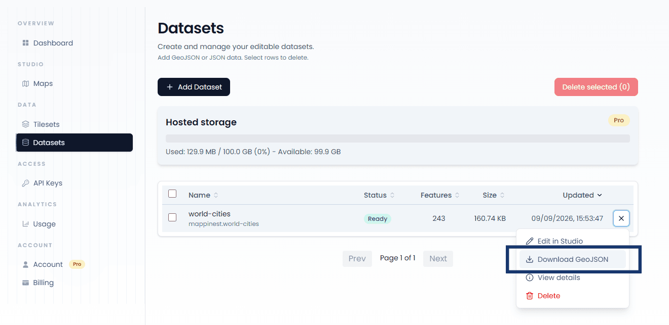 Dataset three-dot menu with Download GeoJSON highlighted
