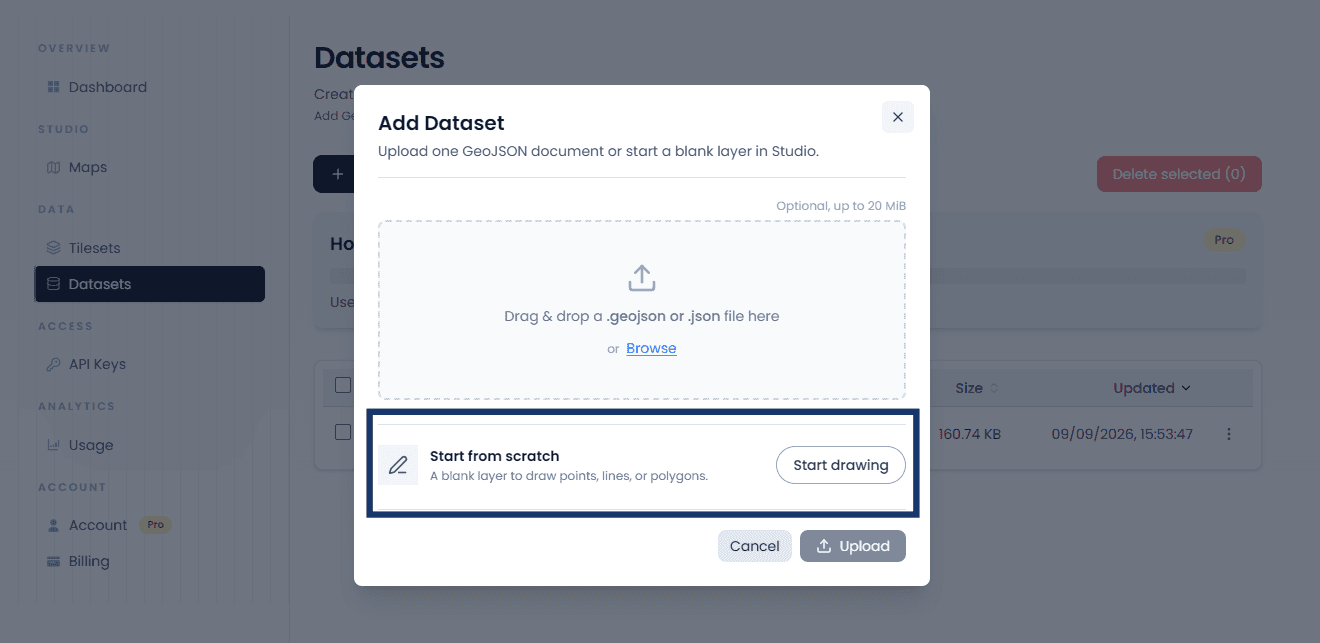 Add Dataset dialog with the Start from scratch section and Start drawing button highlighted