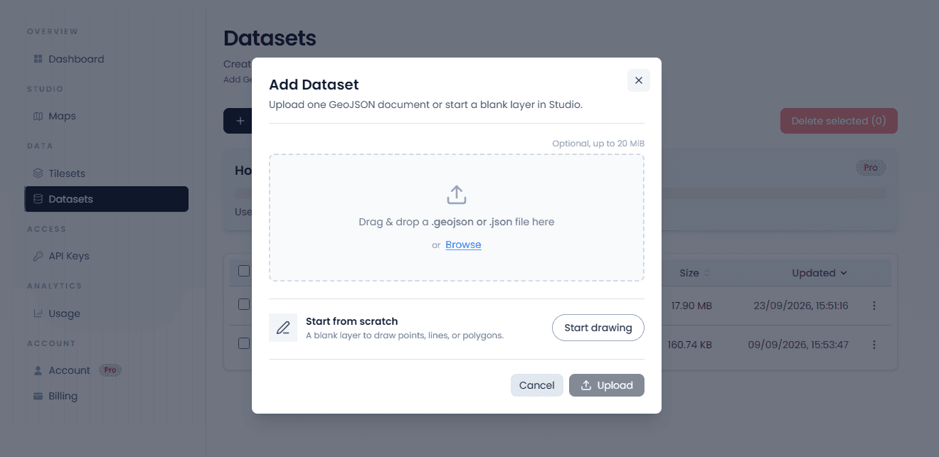 Add Dataset dialog with a GeoJSON or JSON file drop area and Start drawing action